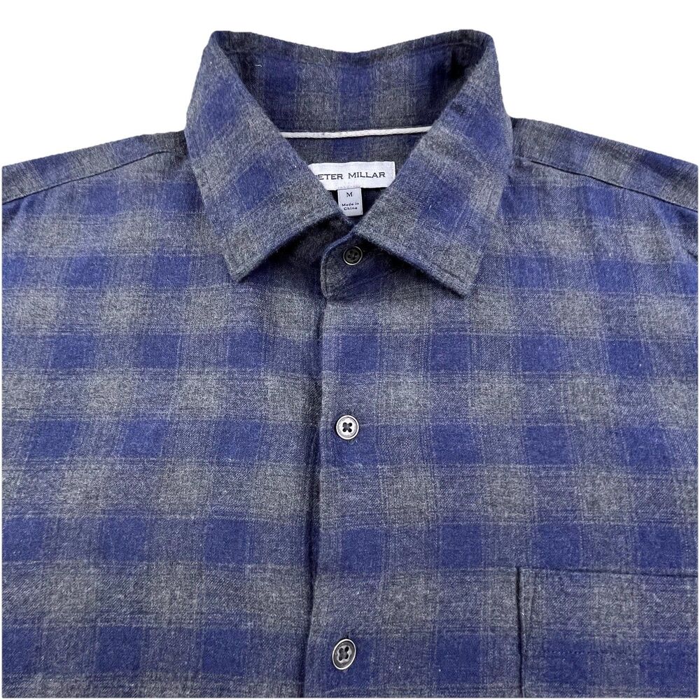 Peter Millar Flannel Shirt Mens M Blue Plaid Performance Sport Stretch Crown